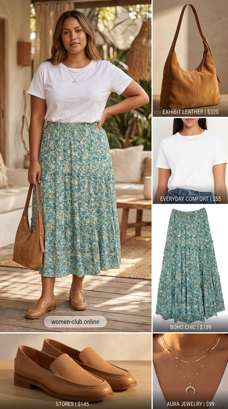 Casual Friday summer outfits with loafers 2026: Floral maxi skirt, white tee, tan loafers for a bohemian look.