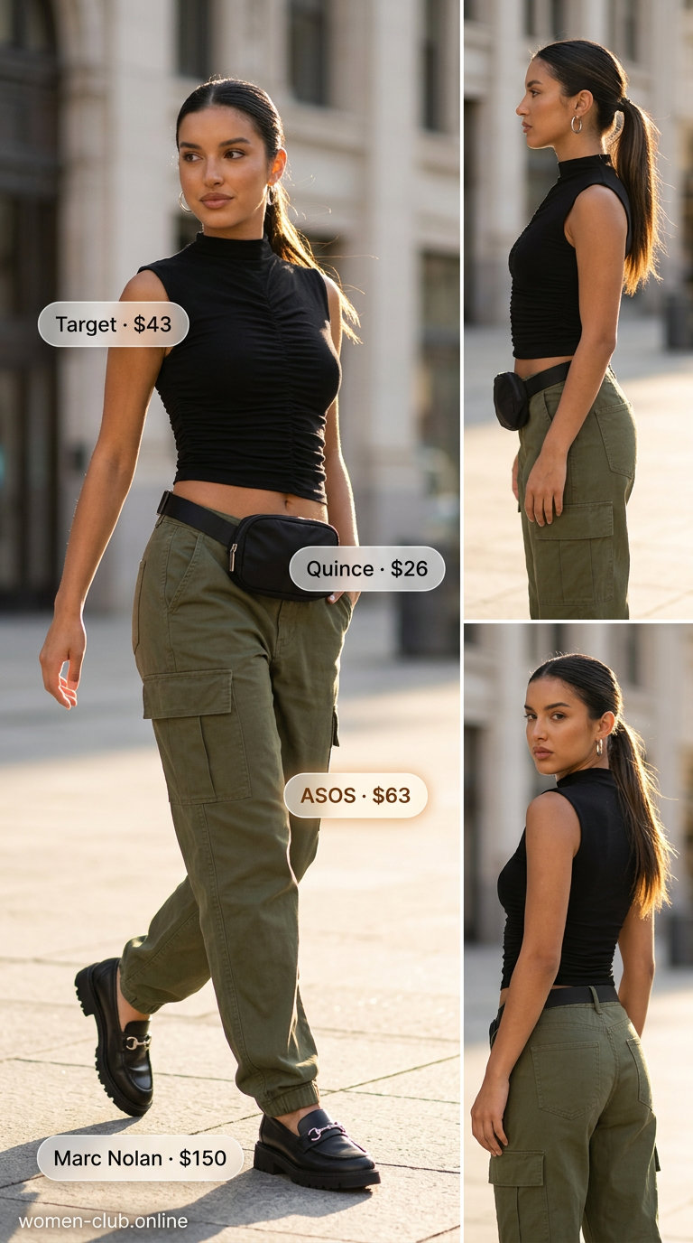 Casual Friday summer outfits with loafers 2026: Olive cargo pants, black mock neck, and chunky black loafers.