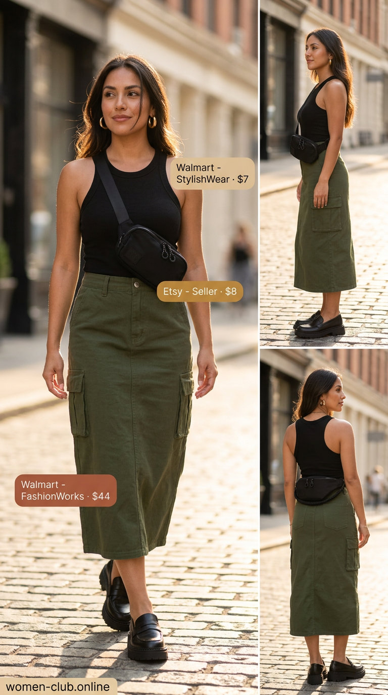 Casual Friday summer outfits with loafers 2026: Khaki cargo skirt, black tank, chunky black loafers for street style.