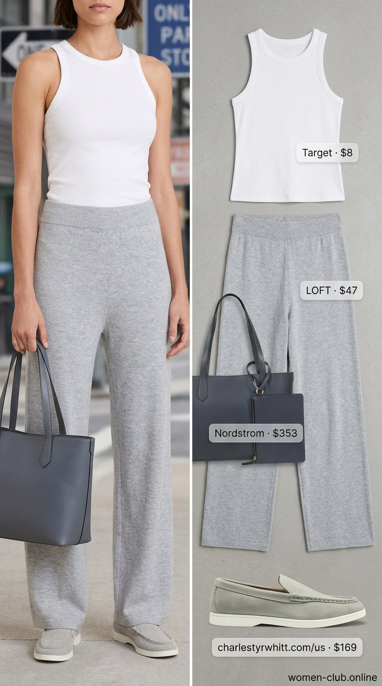 Casual Friday summer outfits with loafers 2026: Monochrome grey knit wide-leg pants, white tank, and grey suede loafers.
