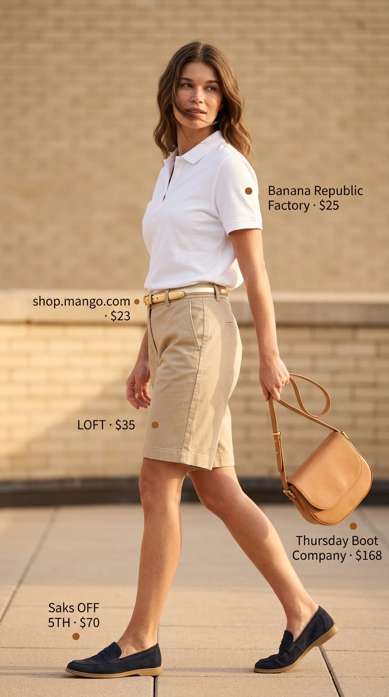 Casual Friday summer outfits with loafers 2026: Navy penny loafers with beige shorts, white polo, and gold belt.