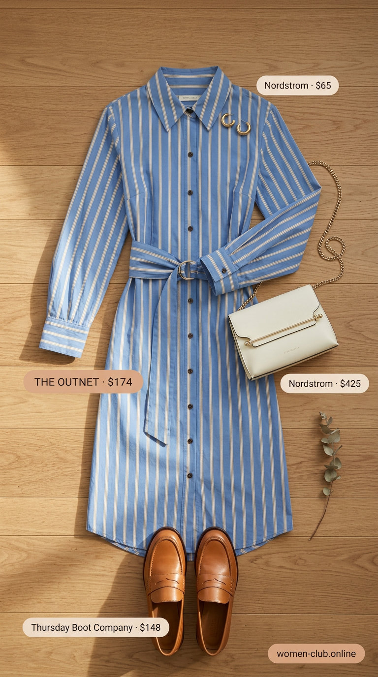 Casual Friday summer outfits with loafers 2026: Striped shirt dress, and penny loafers.