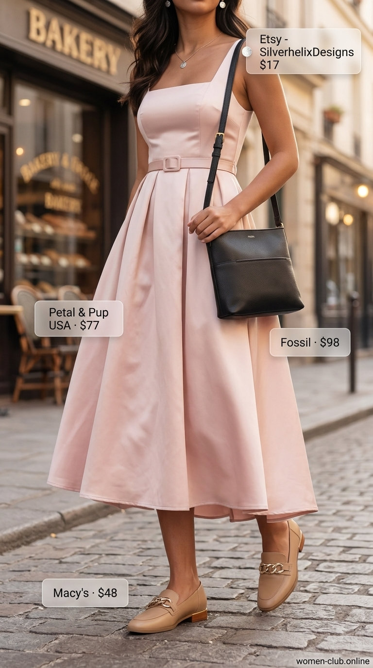 Casual Friday summer outfits with loafers 2026: Blush pink midi dress, black loafers for a chic daytime look.