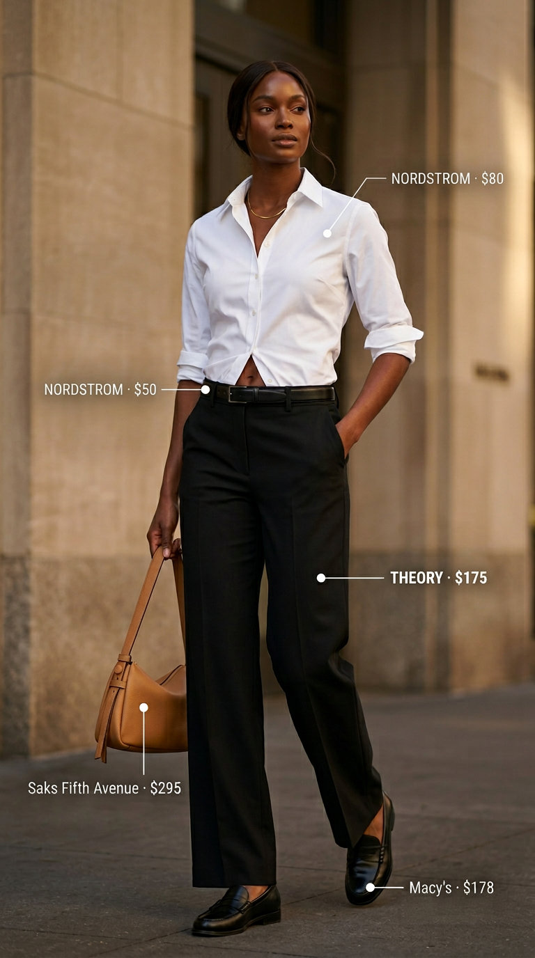 Casual Friday summer outfits with loafers 2026: Black trousers, white shirt, and loafers.