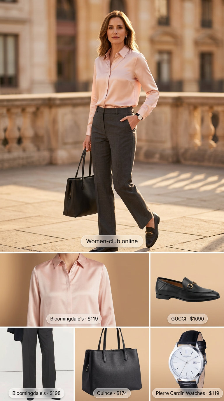 Casual Friday summer outfits with loafers 2026: Charcoal trousers, blush blouse, black loafers, and leather tote.