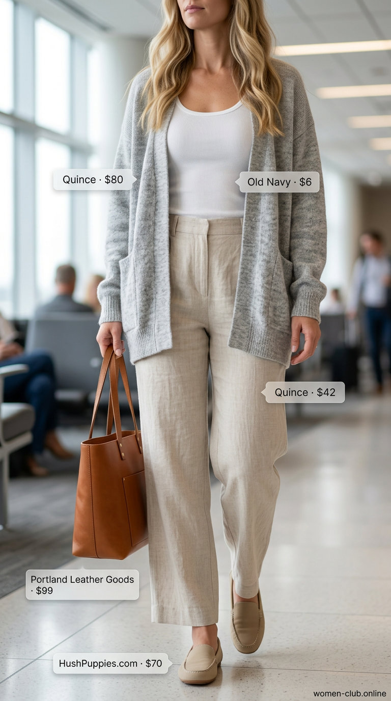Casual Friday summer outfits with loafers 2026: Beige linen pants, white tank, grey cardigan, and tan loafers for travel.