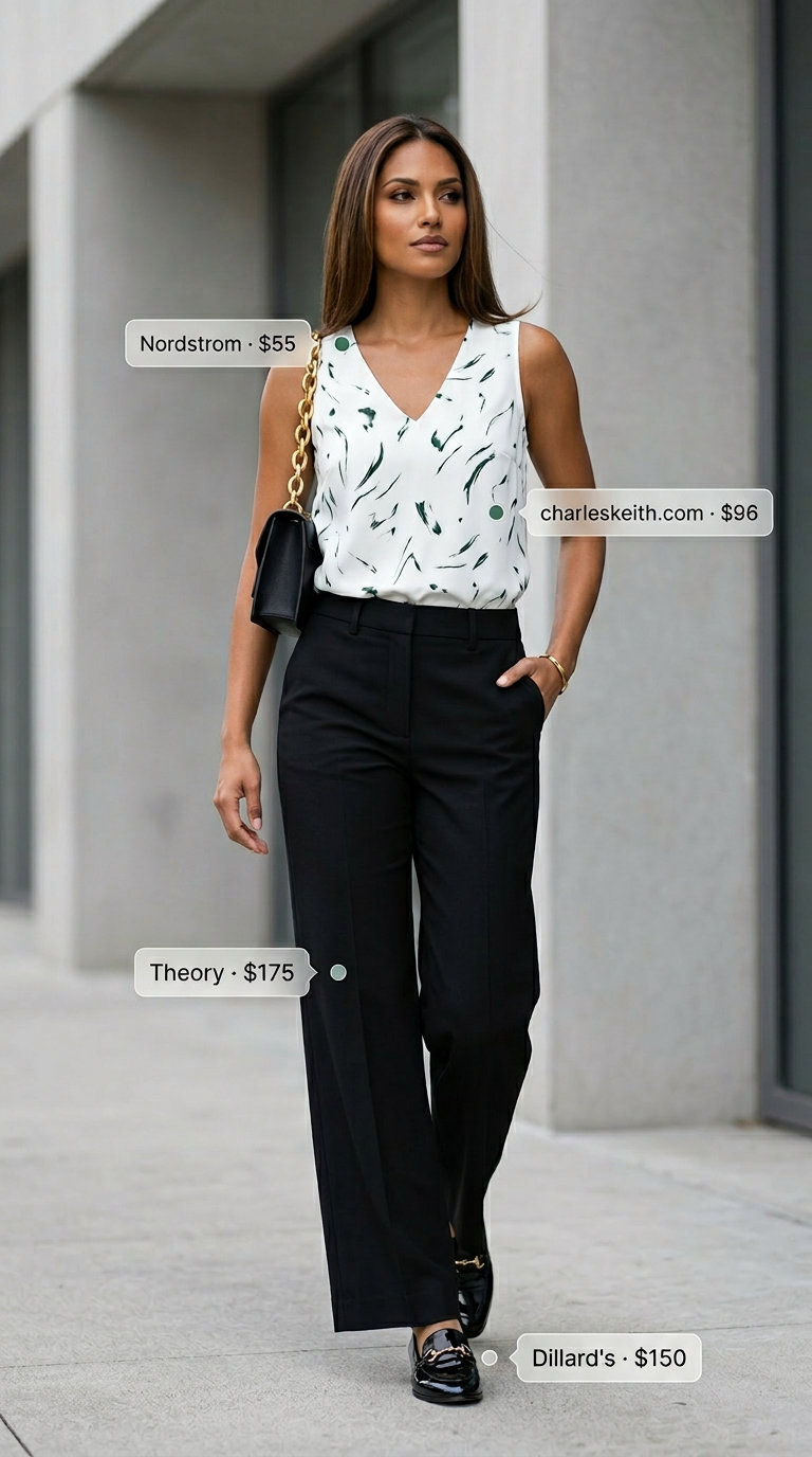 Casual Friday summer outfits with loafers 2026: Emerald silk blouse, black trousers, black loafers, and gold accessories.