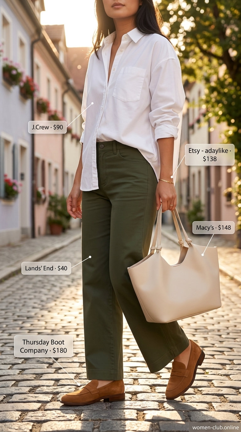 Casual Friday summer outfits with loafers 2026: Olive pants, white shirt, tan loafers, and light taupe tote.