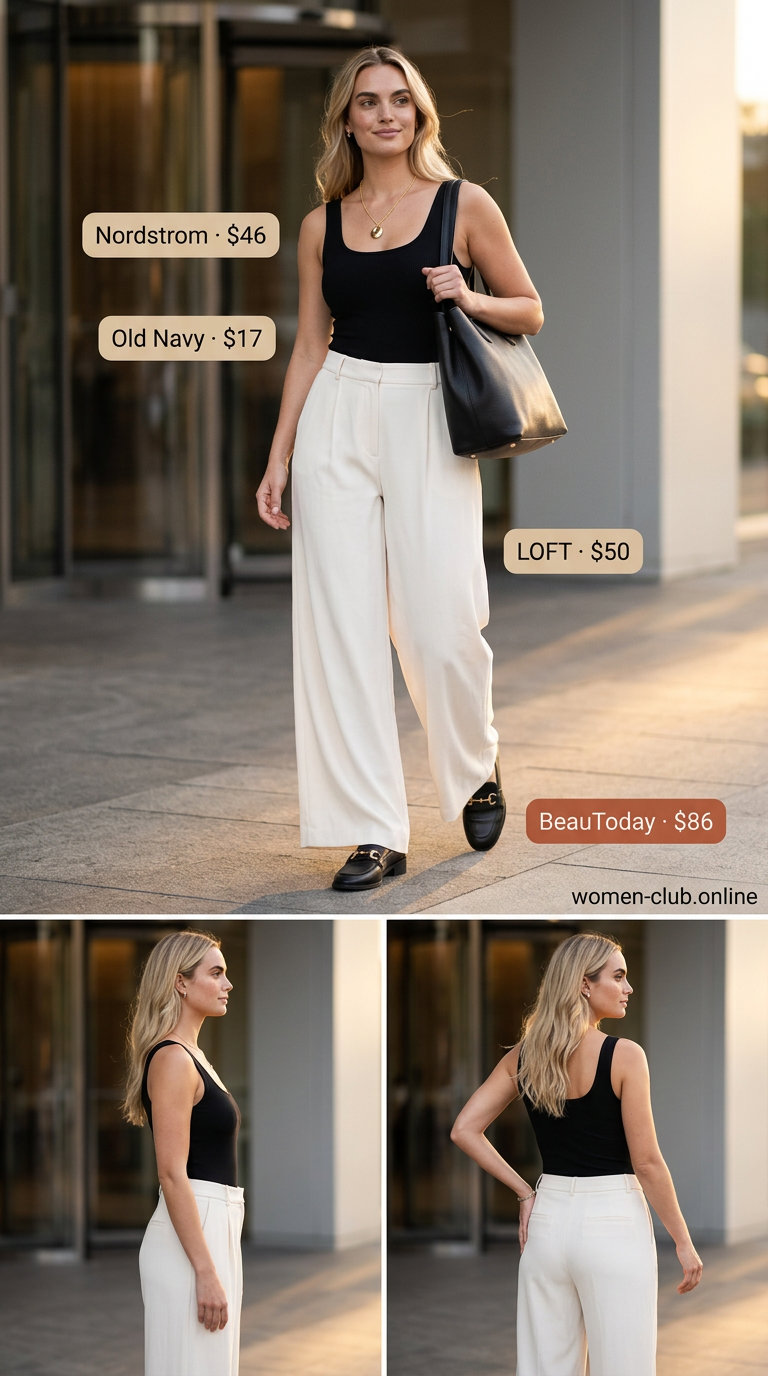 Casual Friday summer outfits with loafers 2026: Cream wide-leg pants, black bodysuit, and loafers.