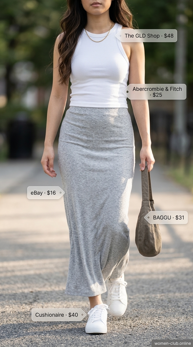 Casual Maxi Skirt Outfits Summer 2026: Athleisure Day Casual maxi skirt outfits summer 2026: Grey marl knit maxi skirt with white crop top and white sneakers for an athleisure look.