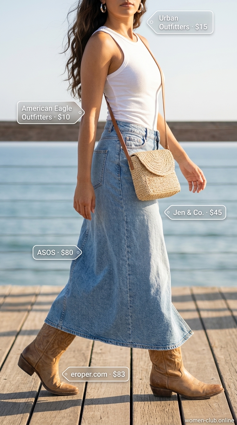 Casual Maxi Skirt Outfits Summer 2026: Boardwalk Denim Casual maxi skirt outfits summer 2026: Light wash denim maxi skirt with white tank and tan suede cowboy boots for a boardwalk stroll.