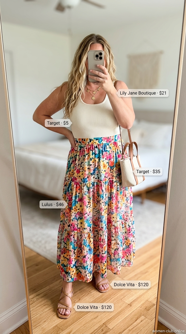 Casual Maxi Skirt Outfits Summer 2026: Boho Beach Casual maxi skirt outfits summer 2026: Floral print maxi skirt with cream tank top and tan leather sandals for a boho beach day.
