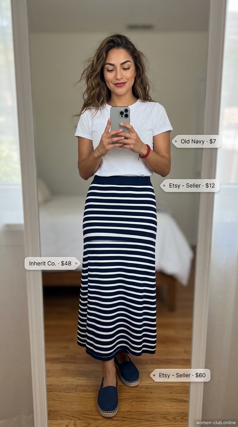 Casual Maxi Skirt Outfits Summer 2026: Coastal Stripe Casual maxi skirt outfits summer 2026: Navy and white striped maxi skirt with a white tee and espadrille sandals for a coastal getaway.