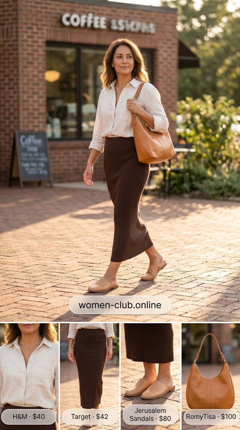 Casual Maxi Skirt Outfits Summer 2026: Coffee Shop Cool Ecru maxi skirt outfit with brown linen shirt, leather hobo bag, and flat mules for a cool summer 2026.
