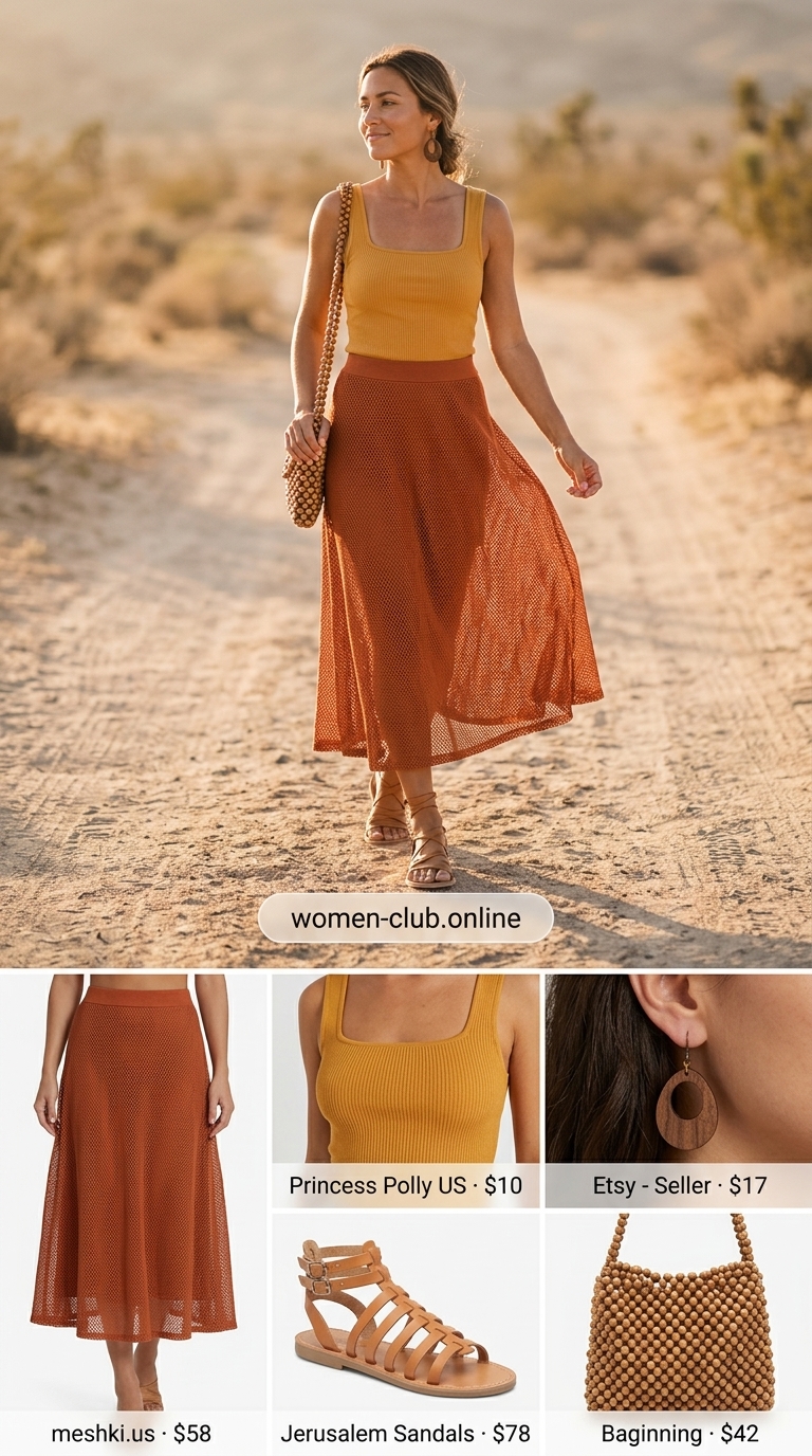 Casual Maxi Skirt Outfits Summer 2026: Desert Sunset Casual maxi skirt outfits summer 2026: Rust orange gauze maxi skirt with mustard yellow crop top and brown leather gladiator sandals.