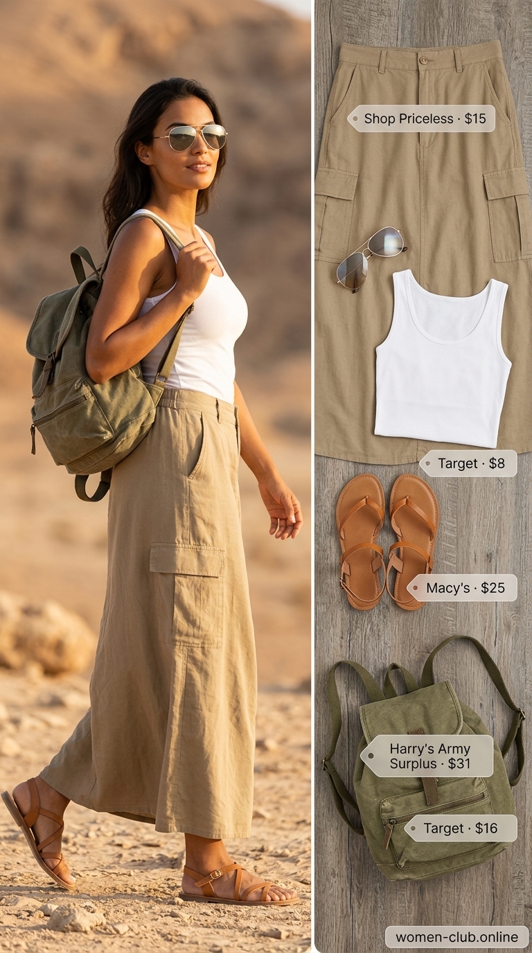 Casual Maxi Skirt Outfits Summer 2026: Desert Utility Casual maxi skirt outfits summer 2026: Khaki cargo maxi skirt with white tank and caramel sandals for an outdoor adventure.