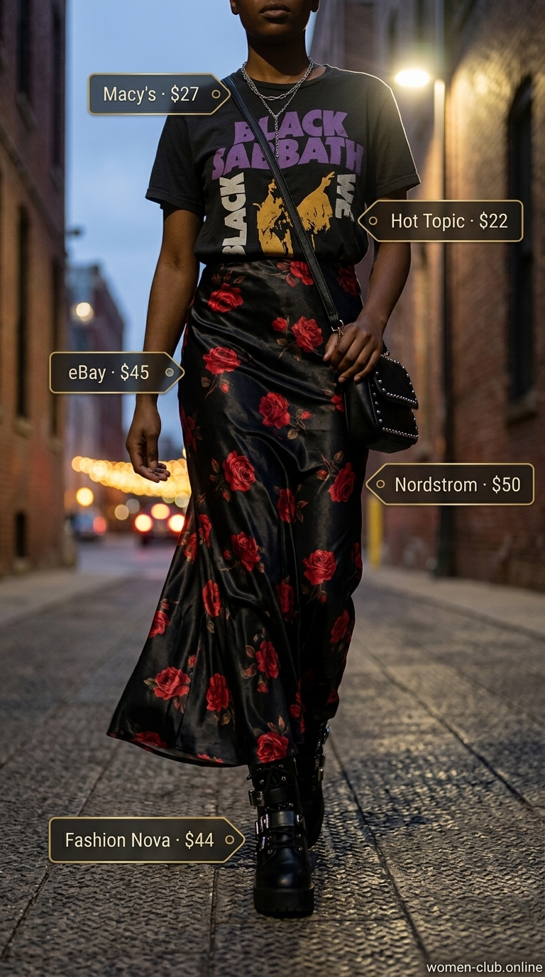 Edgy Floral Maxi Skirt Outfits 2026 Casual maxi skirt outfits summer 2026: Ditsy floral satin maxi skirt with band tee, combat boots, and silver chains.