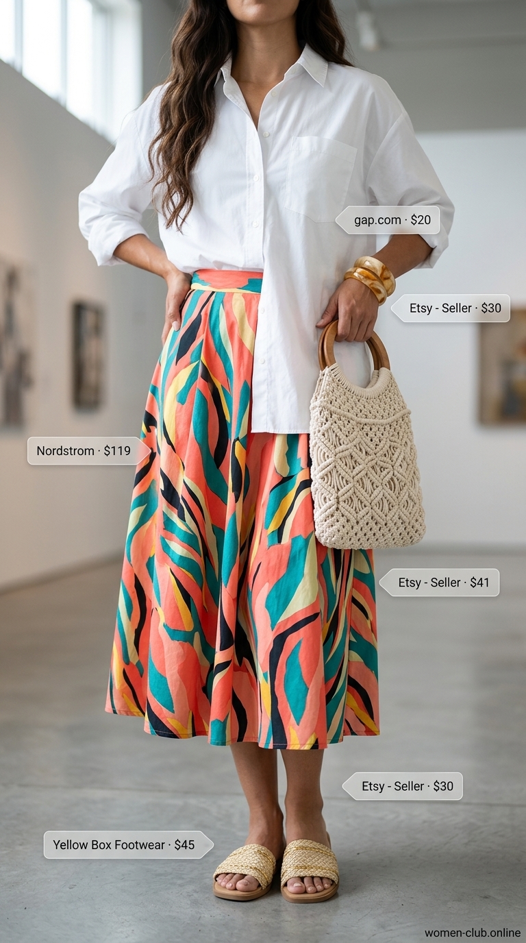 Casual Maxi Skirt Outfits Summer 2026: Gallery Day Abstract maxi skirt outfit with oversized white shirt and macrame bag for an artistic summer 2026.