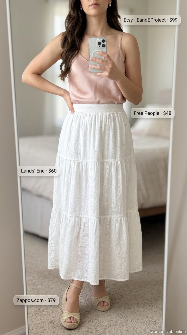 Casual Maxi Skirt Outfits Summer 2026: Garden Brunch Casual maxi skirt outfits summer 2026: White tiered linen maxi skirt with blush pink silk camisole and espadrille wedges for garden brunch.