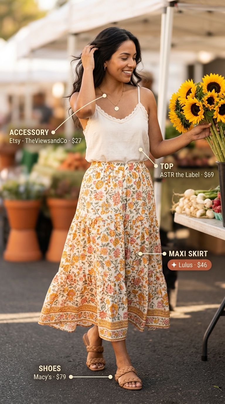 Casual Maxi Skirt Outfits Summer 2026: Garden Party Floral maxi skirt outfit with crochet top, flat sandals, and straw crossbody for a bohemian summer 2026.
