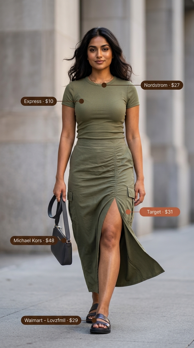 Safari Chic Maxi Skirt Outfits 2026 Casual maxi skirt outfits summer 2026: Olive green cargo maxi skirt with black ribbed top, chunky sandals, and crossbody bag.