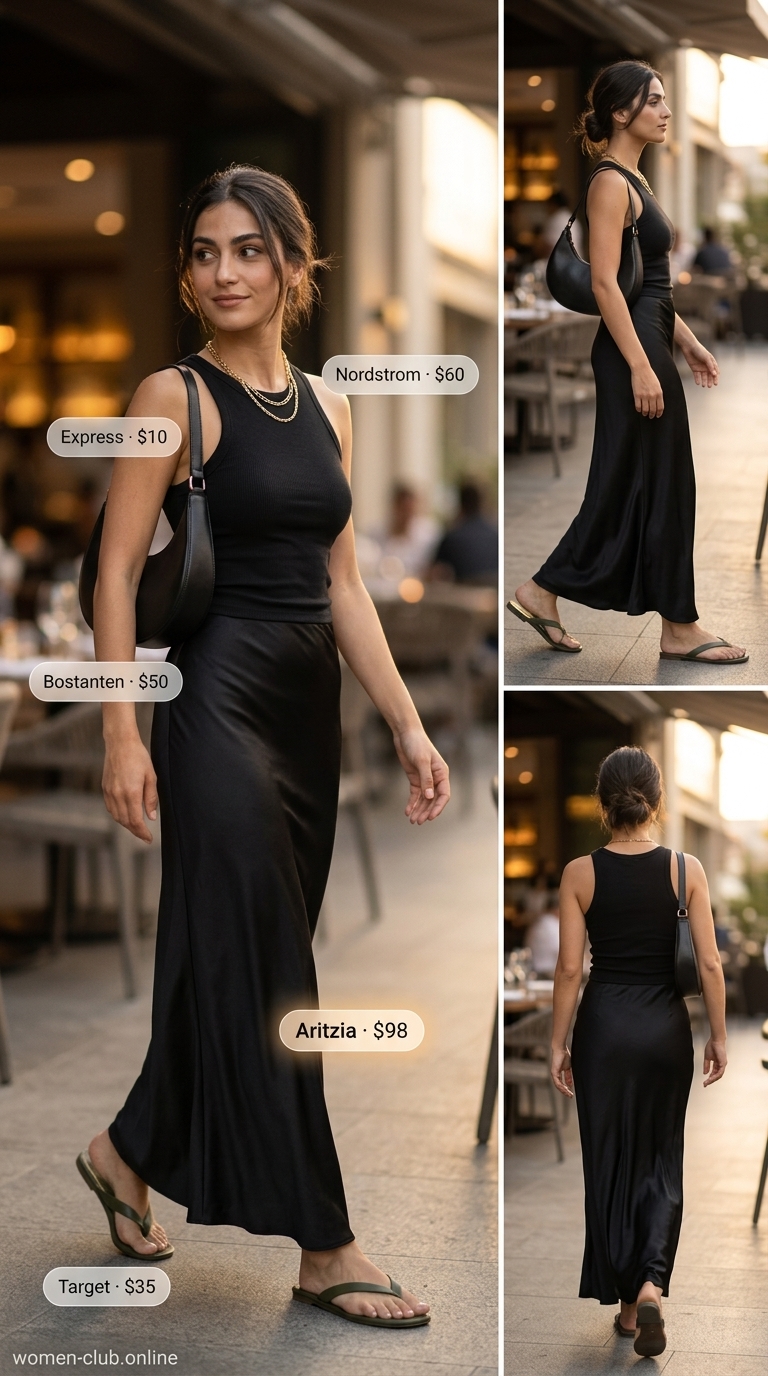 Chic Evening Maxi Skirt Outfits 2026 Casual maxi skirt outfits summer 2026: Olive green slip maxi skirt with black ribbed tank, crescent bag, and gold necklaces.