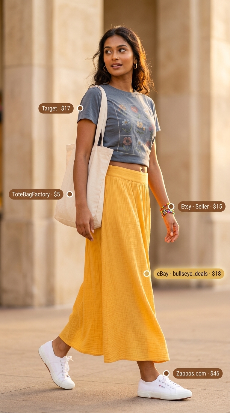 Casual Maxi Skirt Outfits Summer 2026: Playful Pop Coral maxi skirt outfit with graphic tee, white sneakers, and beaded bracelets for a casual summer 2026 look.
