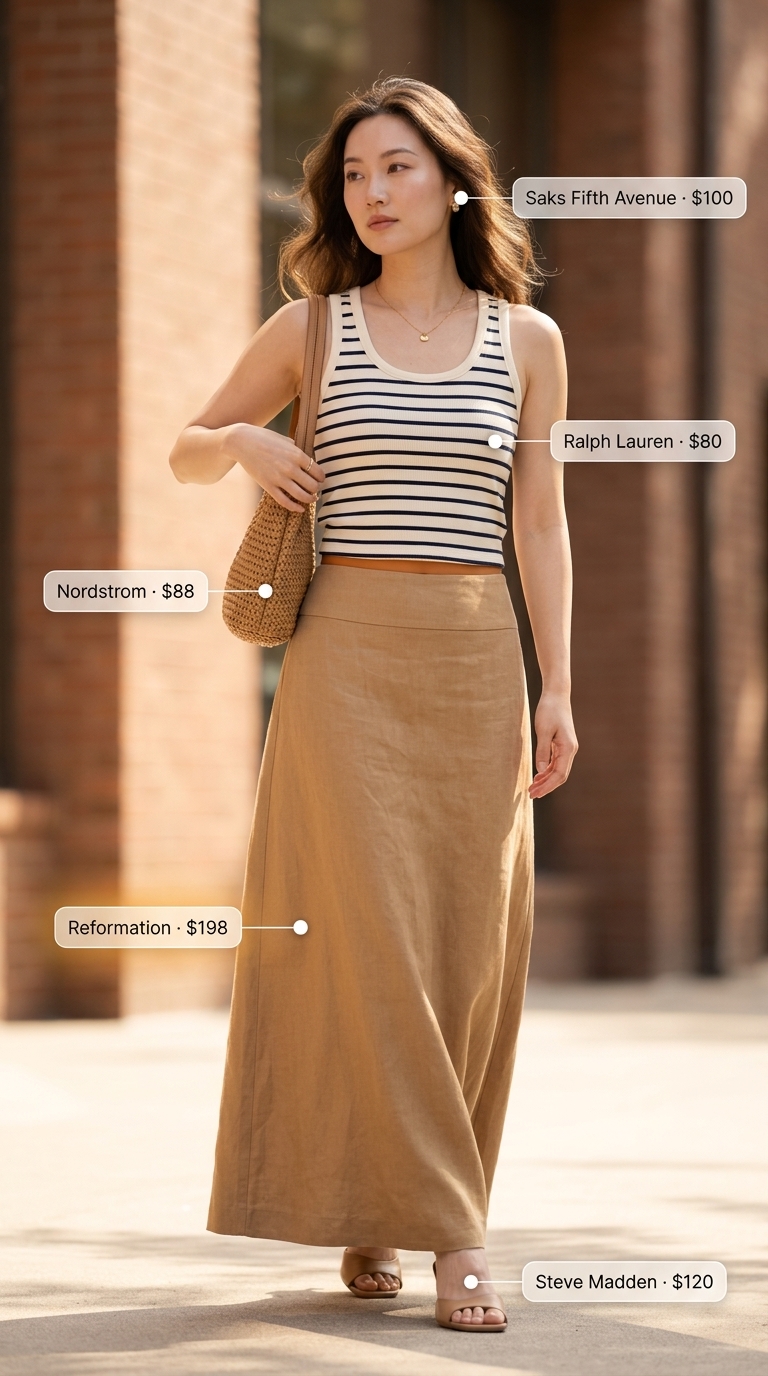 Casual Maxi Skirt Outfits Summer 2026: Resort Ready Ivory maxi skirt outfit with striped tank, mules, and structured bag for a sophisticated summer 2026.