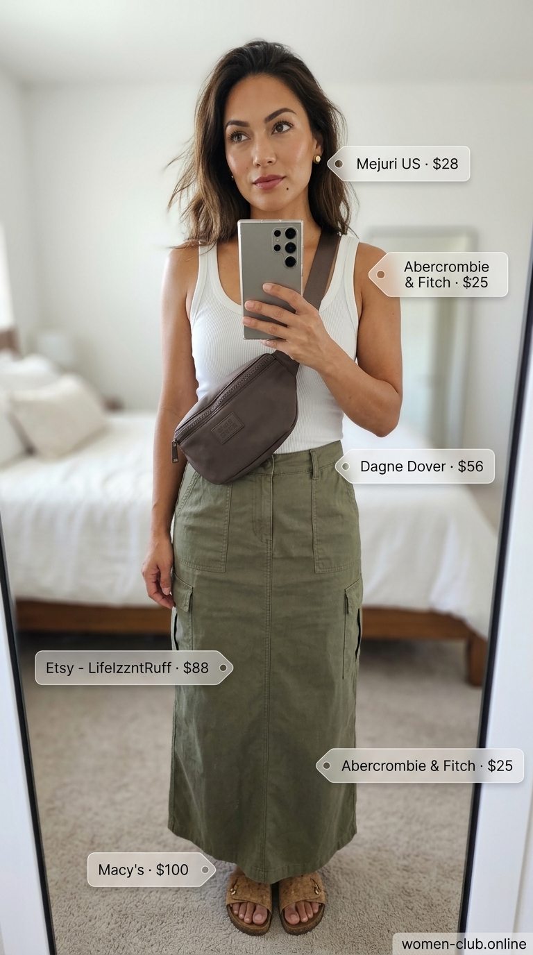 Casual Maxi Skirt Outfits Summer 2026: Safari Chic Casual maxi skirt outfits summer 2026: Olive green A-line maxi skirt with white tank and brown slide sandals for safari chic.