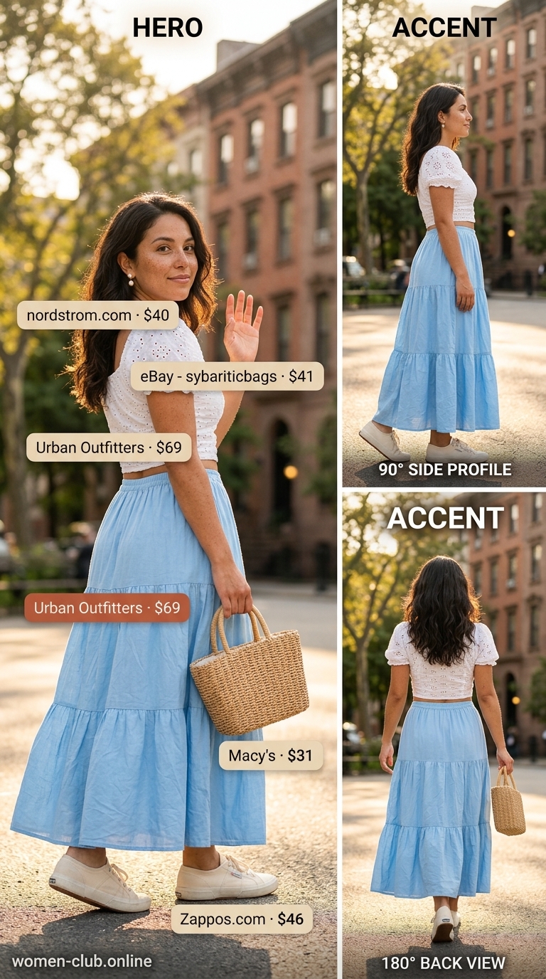 Dreamy Blue Maxi Skirt Outfits 2026 Casual maxi skirt outfits summer 2026: Sky blue smocked maxi skirt with white eyelet crop top, raffia bag, and sneakers.