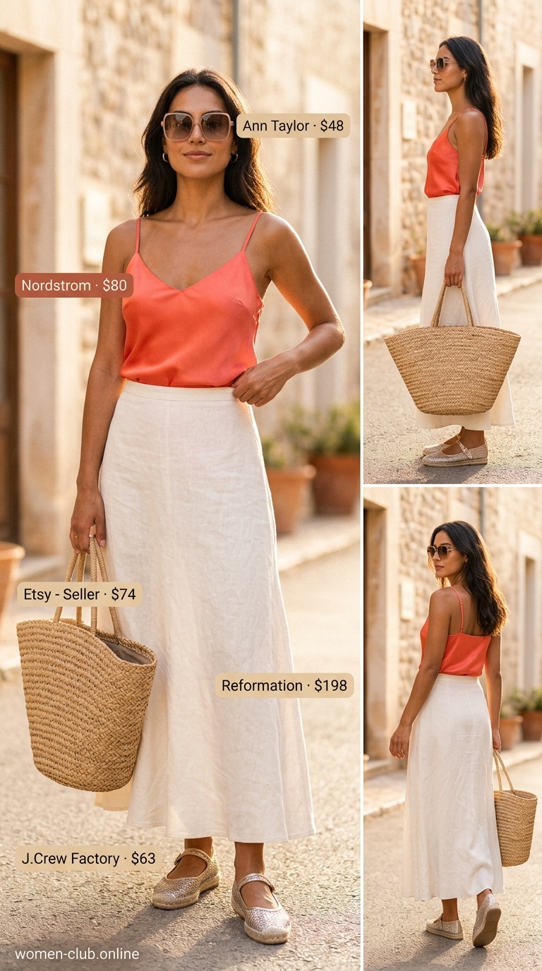 White linen maxi skirt outfit with coral camisole, espadrilles, and straw tote for a resort summer 2026.