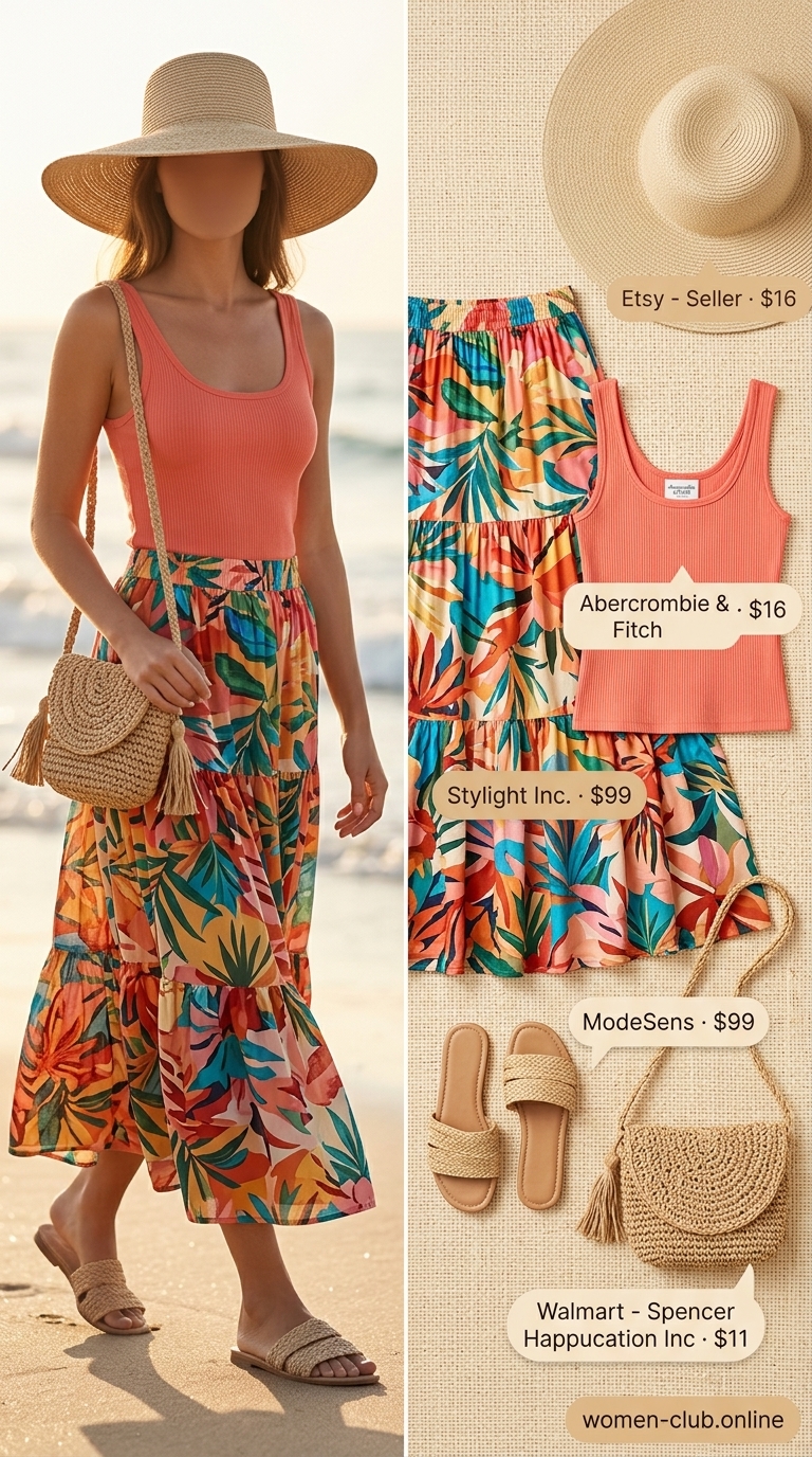 Casual Maxi Skirt Outfits Summer 2026: Tropical Escape Casual maxi skirt outfits summer 2026: Tropical print maxi skirt with coral tank top and straw crossbody bag for a vacation.
