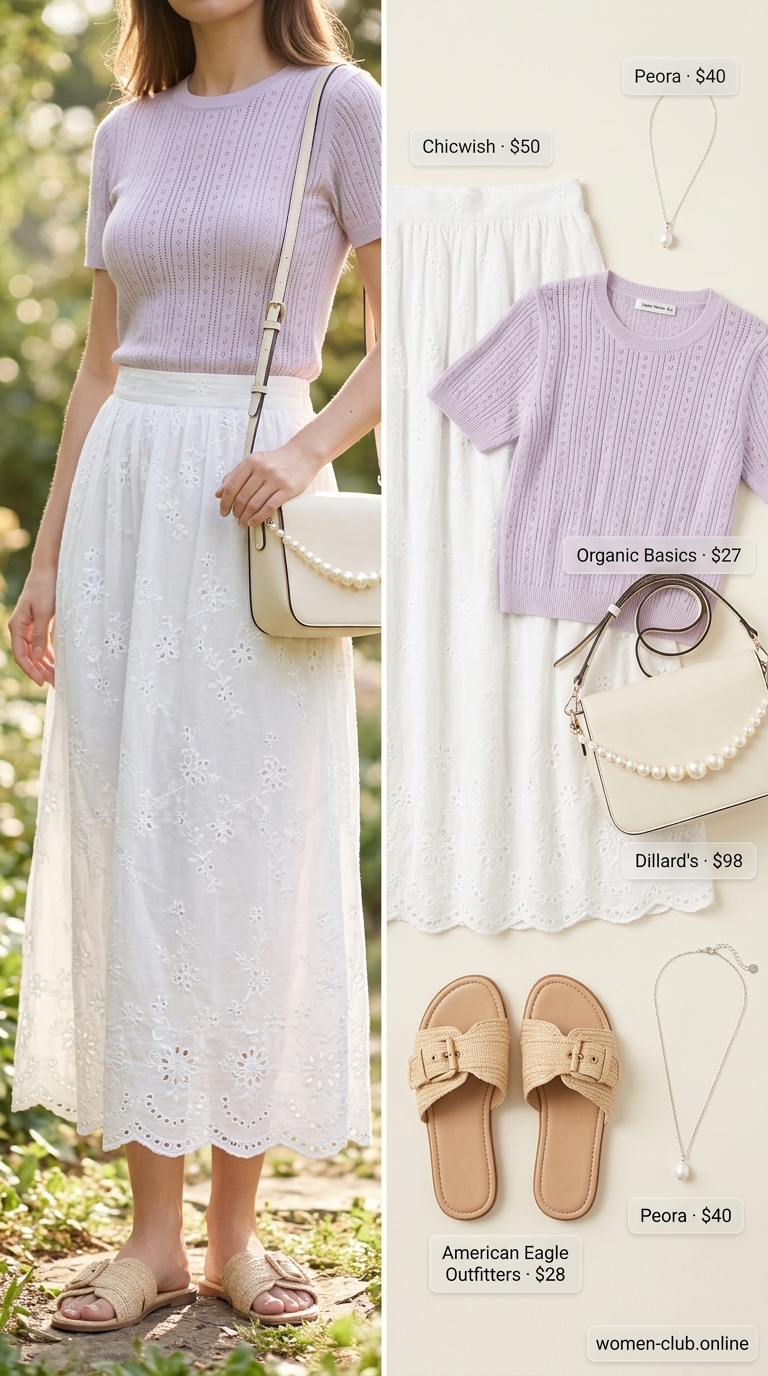 Sweet Eyelet Summer Maxi Skirt Outfits 2026 Casual maxi skirt outfits summer 2026: White eyelet maxi skirt with lavender knit top, pearl necklace, and raffia sandals.