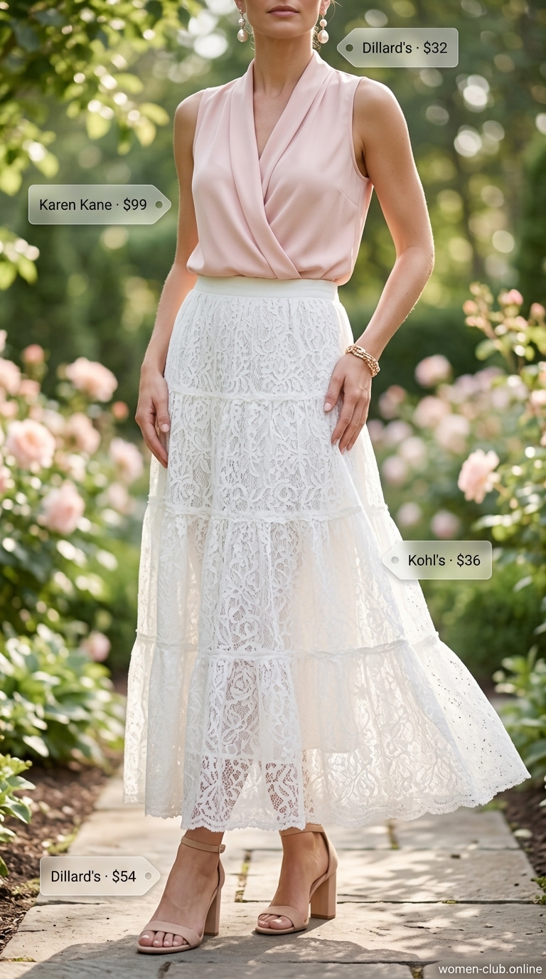 Romantic White Maxi Skirt Outfits 2026 Casual maxi skirt outfits summer 2026: White eyelet lace maxi skirt with blush pink silk blouse, rattan bag, and nude heels.