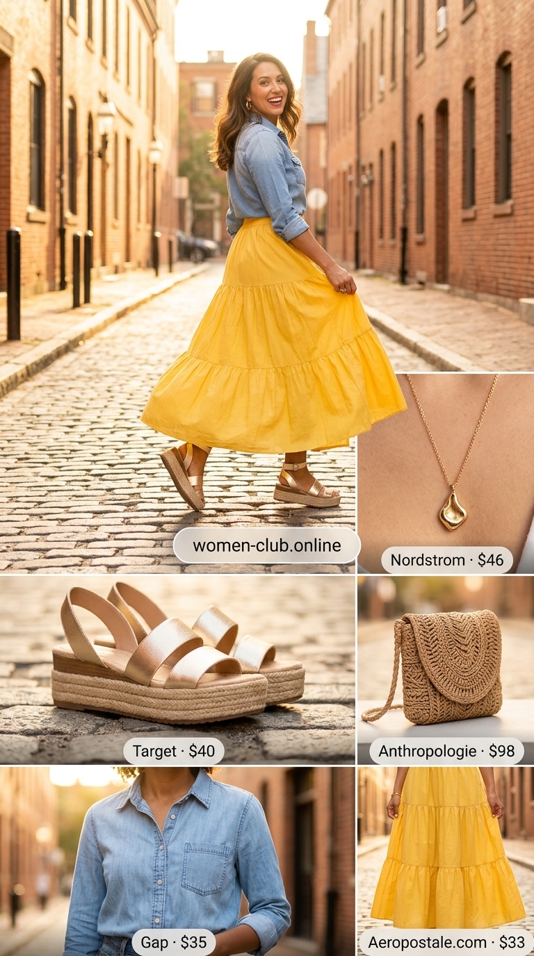 Vibrant Yellow Maxi Skirt Outfits 2026 Casual maxi skirt outfits summer 2026: Bright yellow tiered maxi skirt with denim shirt, espadrilles, and woven crossbody.