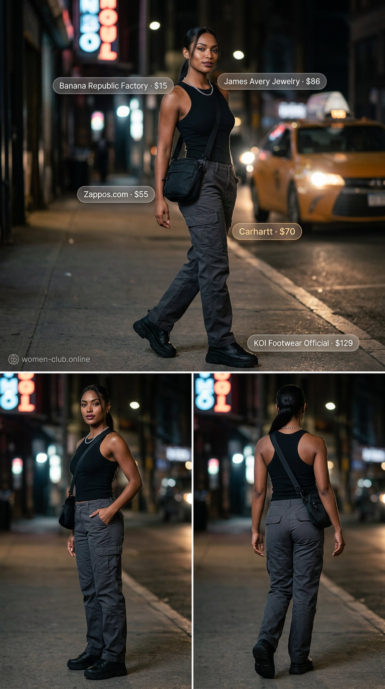 Casual sporty chic summer outfit for women 2026: charcoal cargo pants, black tank, chunky sneakers, silver chain.