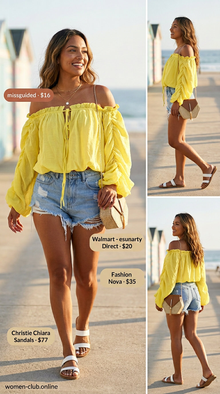 Casual sporty chic summer outfit for women 2026: yellow peasant top, denim shorts, white sandals, straw bag.