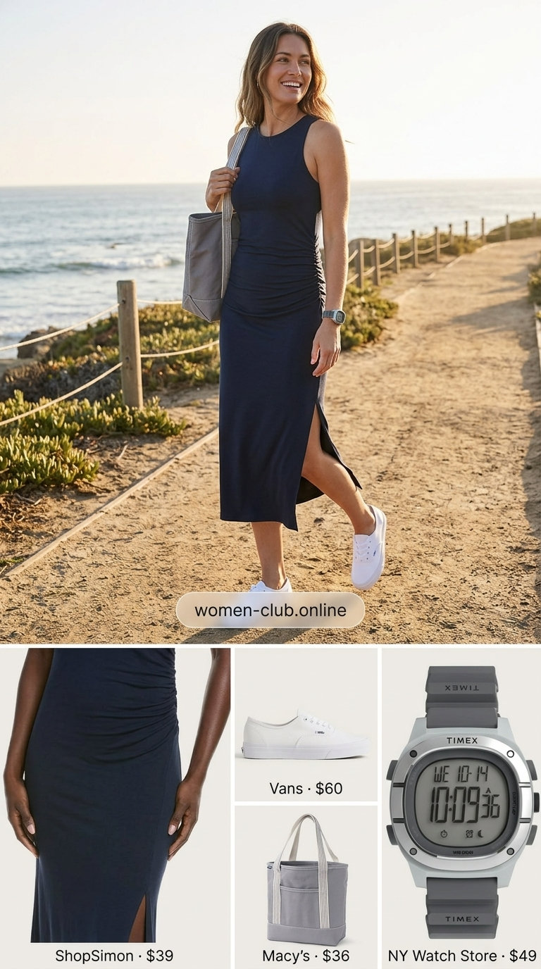 Casual sporty chic summer outfit for women 2026: navy racerback dress, white sneakers, grey canvas tote.