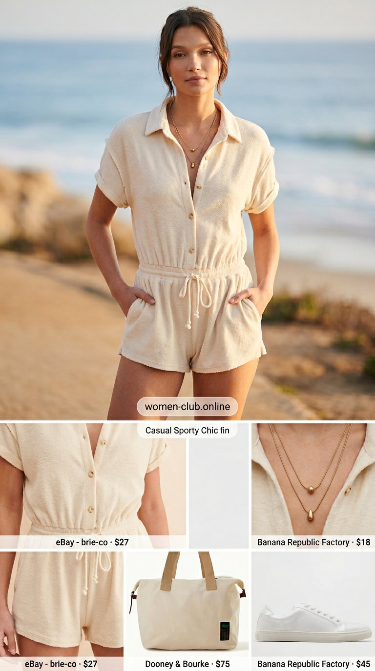 Casual sporty chic summer outfit for women 2026: cream terry romper, white sneakers, gold necklaces, canvas tote.