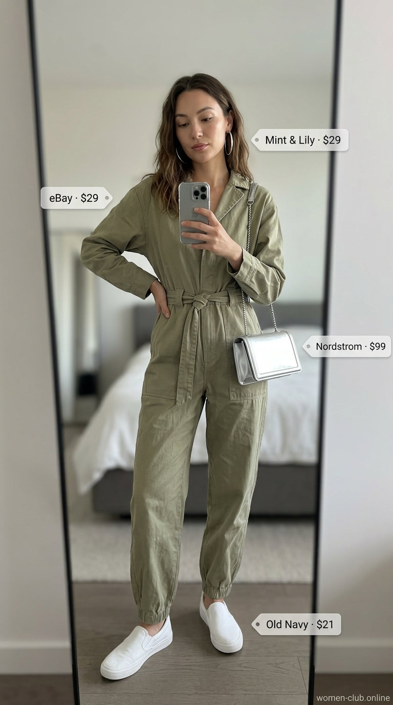 Casual sporty chic summer outfit for women 2026: khaki utility jumpsuit, white sneakers, silver hoops, crossbody bag.