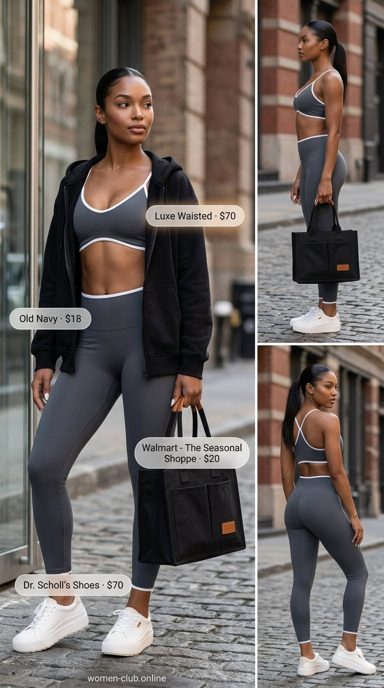Casual sporty chic summer outfits for women 2026: Grey leggings set, hoodie, sneakers, and tote bag.