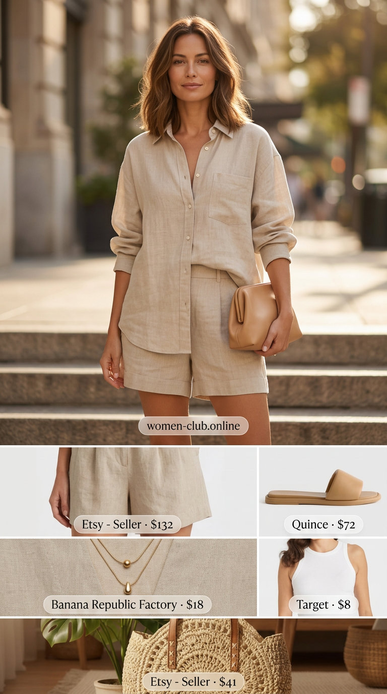 Casual sporty chic summer outfit for women 2026: Beige linen set, white tank, leather slides, straw bag.