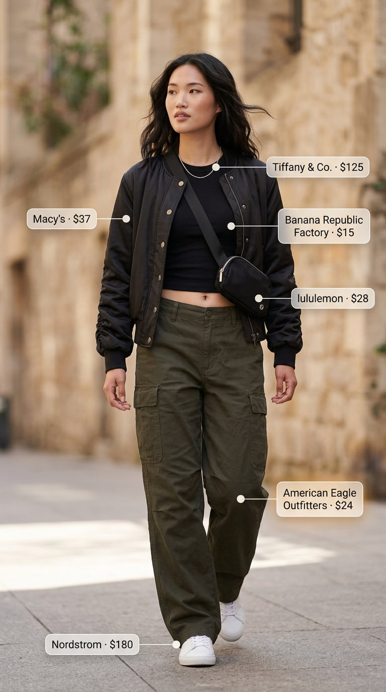 Casual sporty chic summer outfits for women 2026: Cargo pants, tank top, bomber jacket, sneakers.