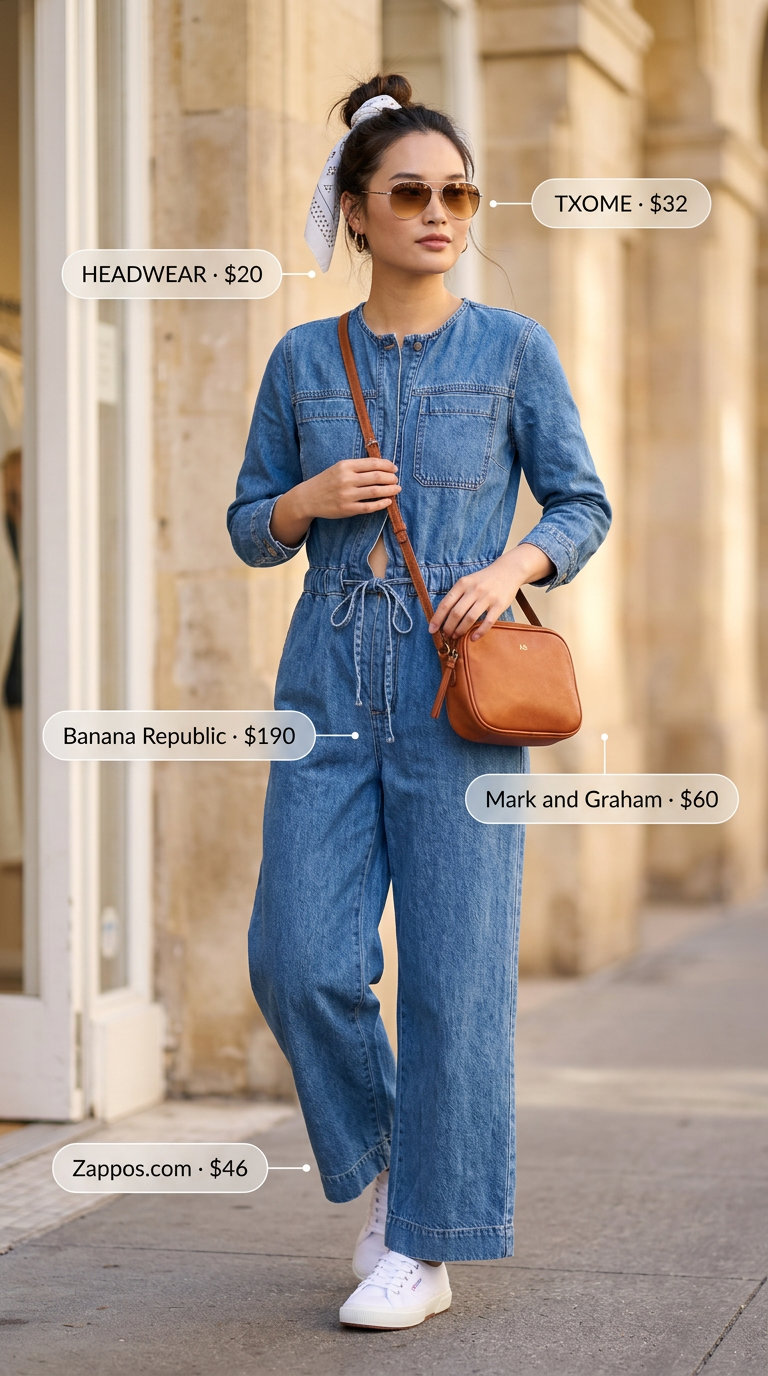 Casual sporty chic summer outfits for women 2026: Denim utility jumpsuit, canvas sneakers, crossbody bag.