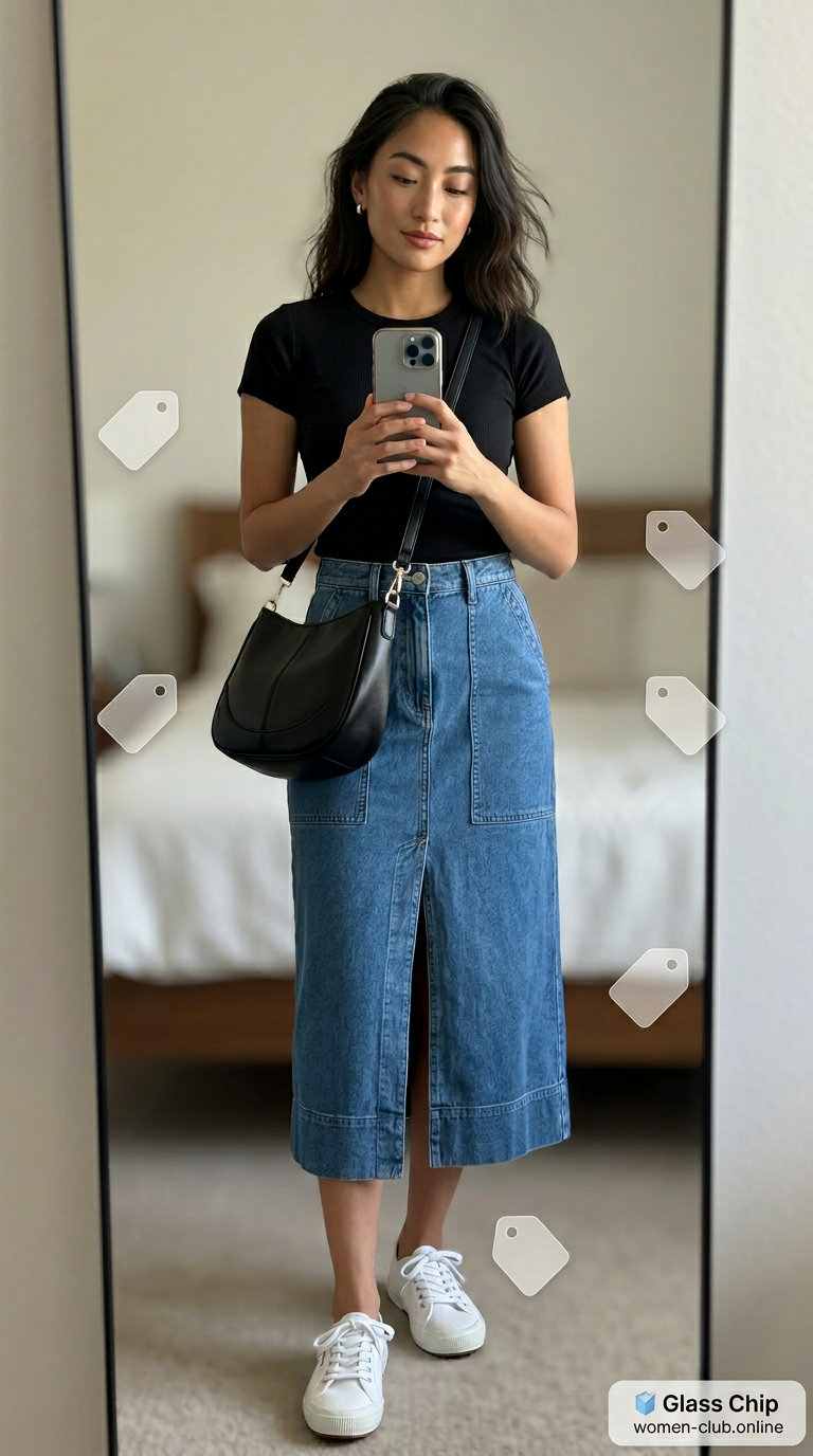 Casual sporty chic summer outfits for women 2026: Denim midi skirt, black tee, sneakers, and crossbody bag.