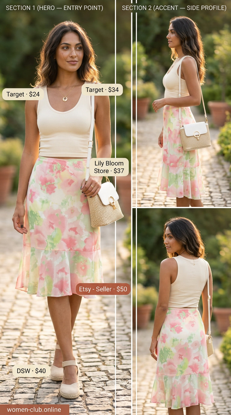 Casual sporty chic summer outfits for women 2026: Floral midi skirt, white tank, espadrilles.