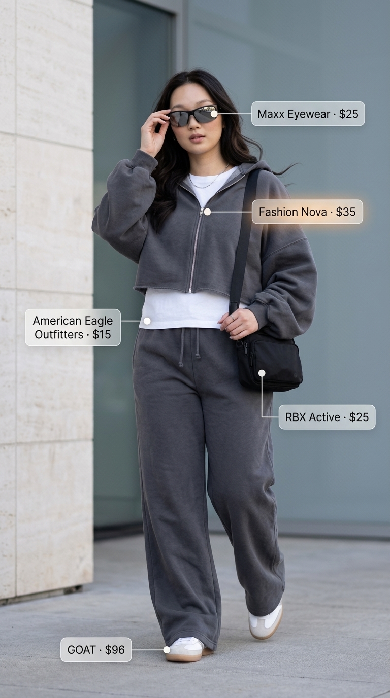 Casual sporty chic summer outfits for women 2026: Grey sweat set, white tee, fashion sneakers.