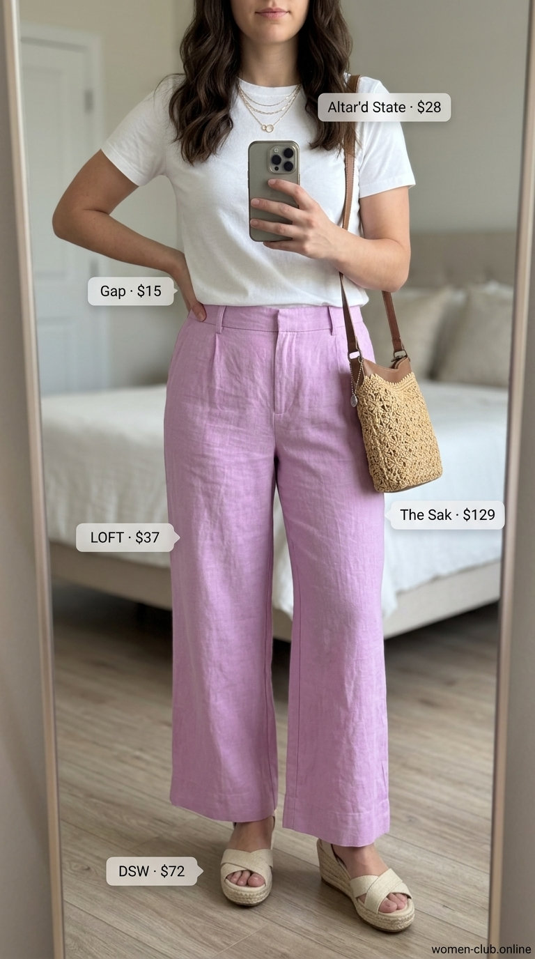 Casual sporty chic summer outfits for women 2026: Lilac wide-leg pants, white tee, espadrilles, and straw bag.