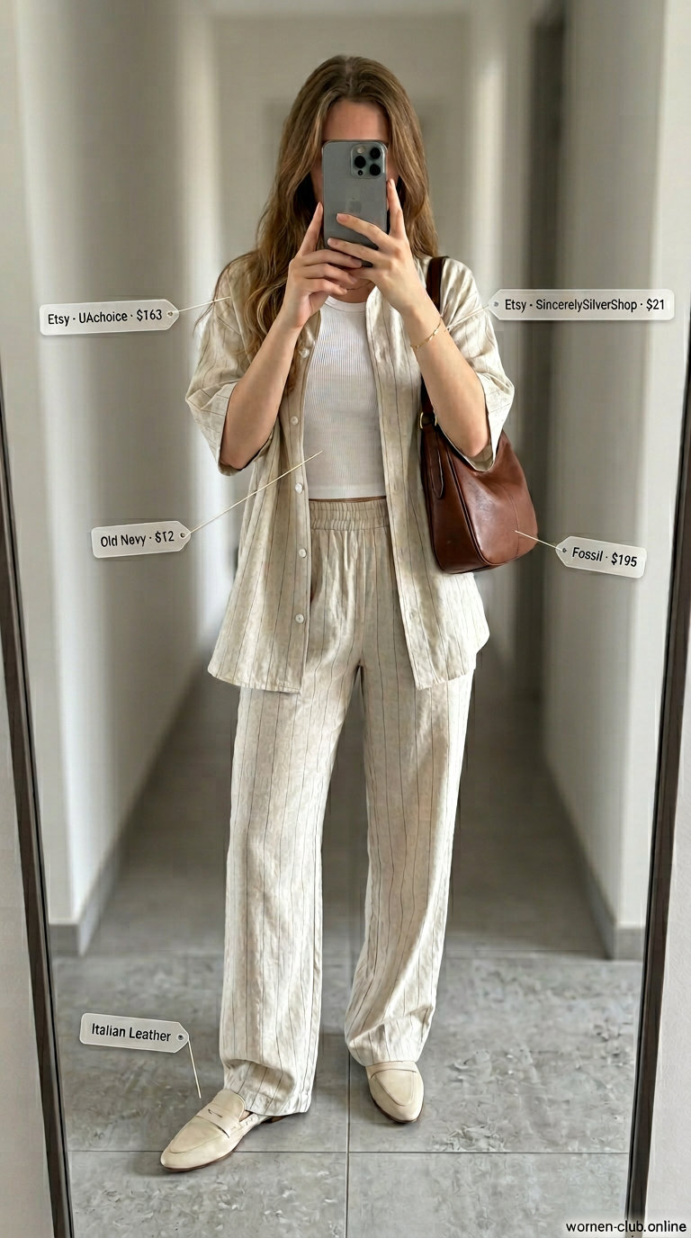 Casual sporty chic summer outfits for women 2026: Beige linen set, white tank, loafers, and gold bracelet.
