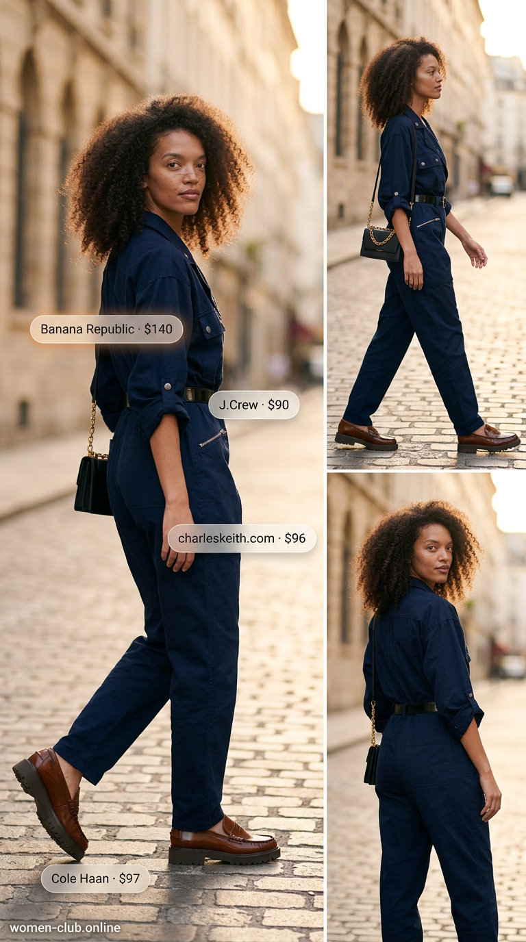 Casual sporty chic summer outfits for women 2026: Navy utility jumpsuit, black belt, black bag, and loafers.